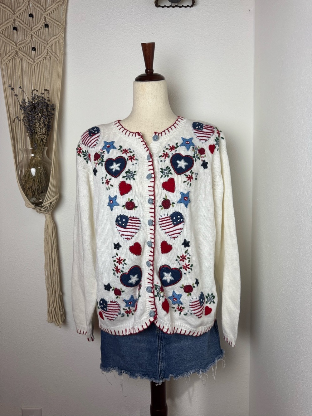 Flag Heart Embroidered White Button-Front Cardigan Sweater